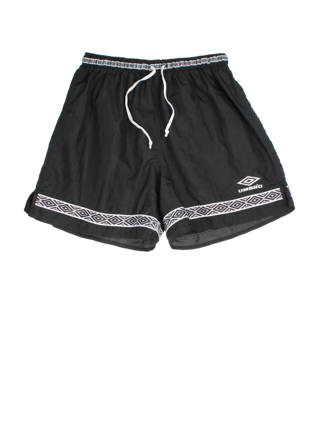 Vintage 90's Umbro Sports Shorts in black colourway with white trim. Drawstring waist and the logo embroidered on the front/hem.
