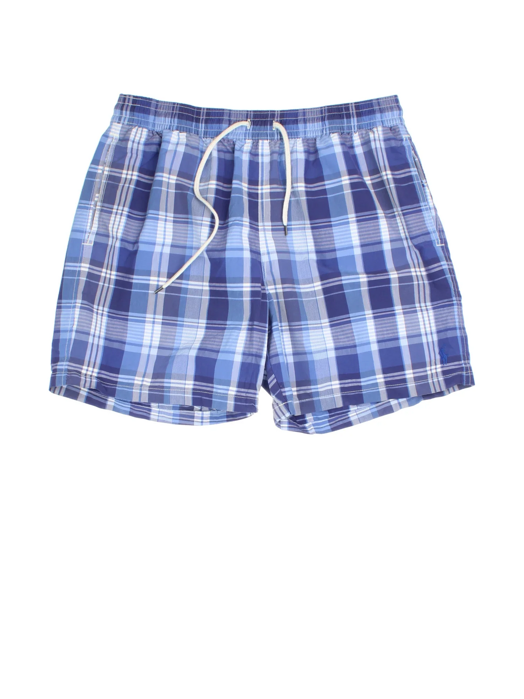 Vintage Ralph Lauren Swim Shorts in blue checked colourway. Drawstring fastening, mesh lining and embroidered branding on back pocket.