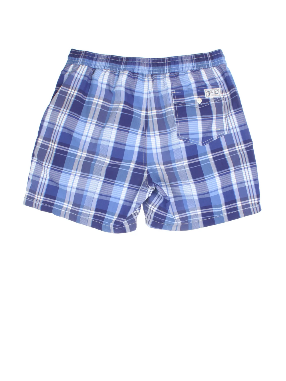 Vintage Ralph Lauren Swim Shorts in blue checked colourway. Drawstring fastening, mesh lining and embroidered branding on back pocket.