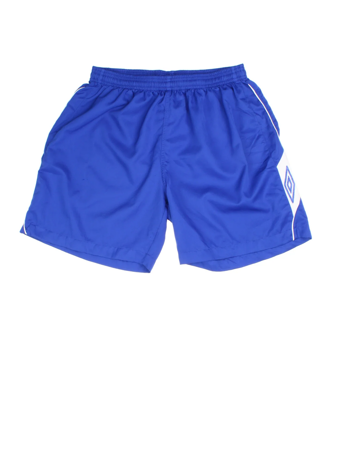 Vintage Umbro Sports Shorts in blue colourway with white trim. Drawstring waist and logo printed down side seams.