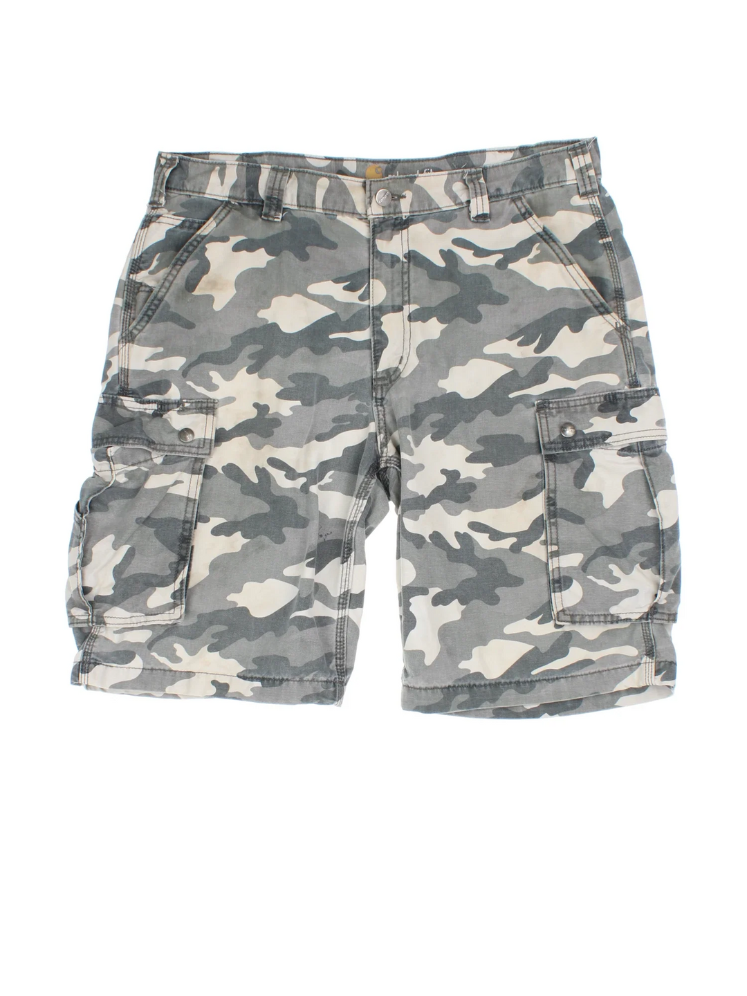 Vintage Carhartt Cargo Shorts in camo green colourway with multiple pockets and embroidered branding on the back.