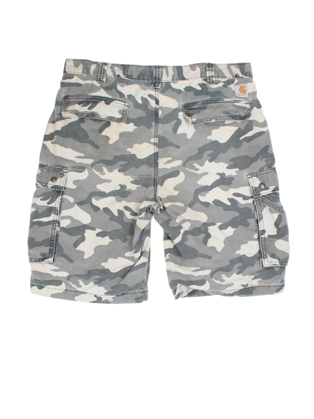 Vintage Carhartt Cargo Shorts in camo green colourway with multiple pockets and embroidered branding on the back.