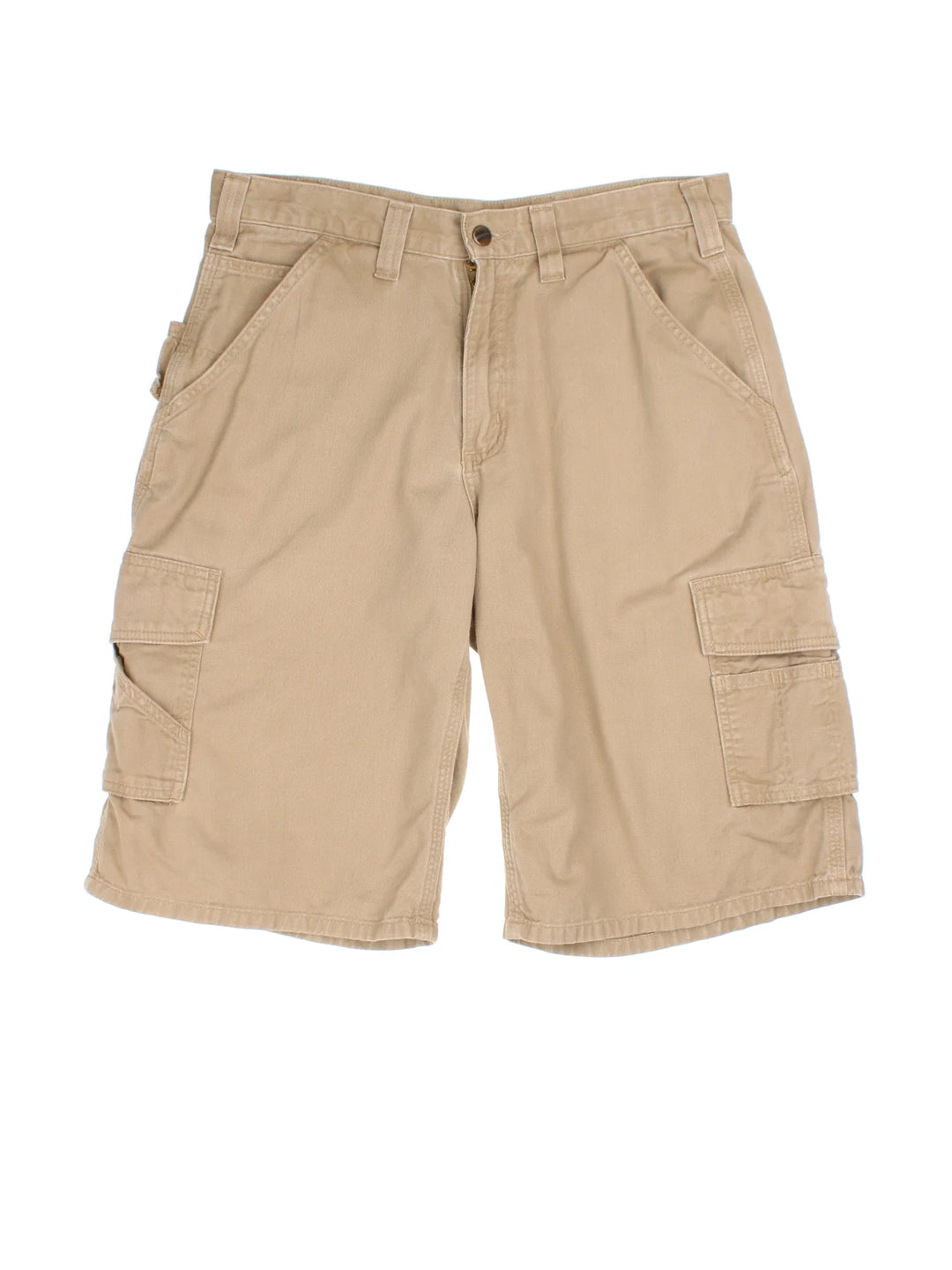 Vintage Carhartt Cargo Shorts in tan colourway with multiple pockets and embroidered branding on the back.