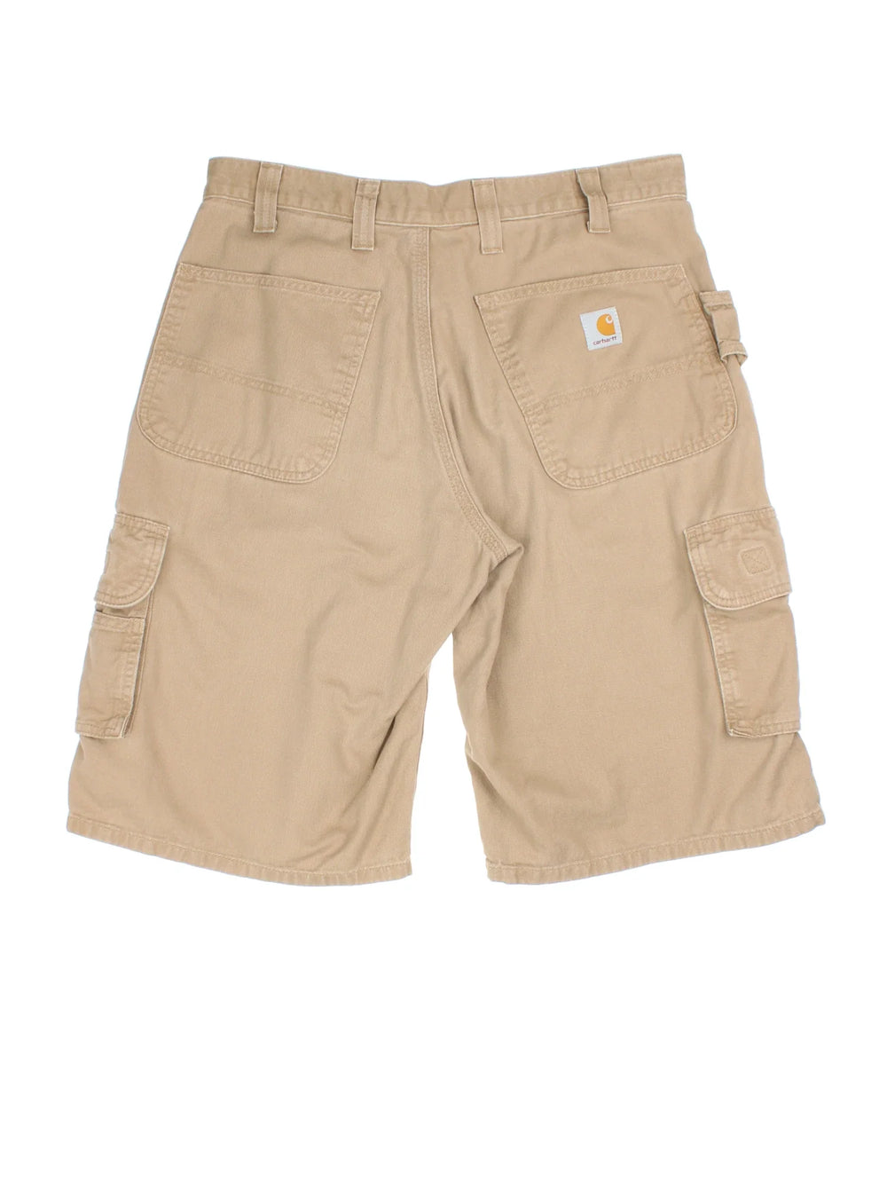 Vintage Carhartt Cargo Shorts in tan colourway with multiple pockets and embroidered branding on the back.
