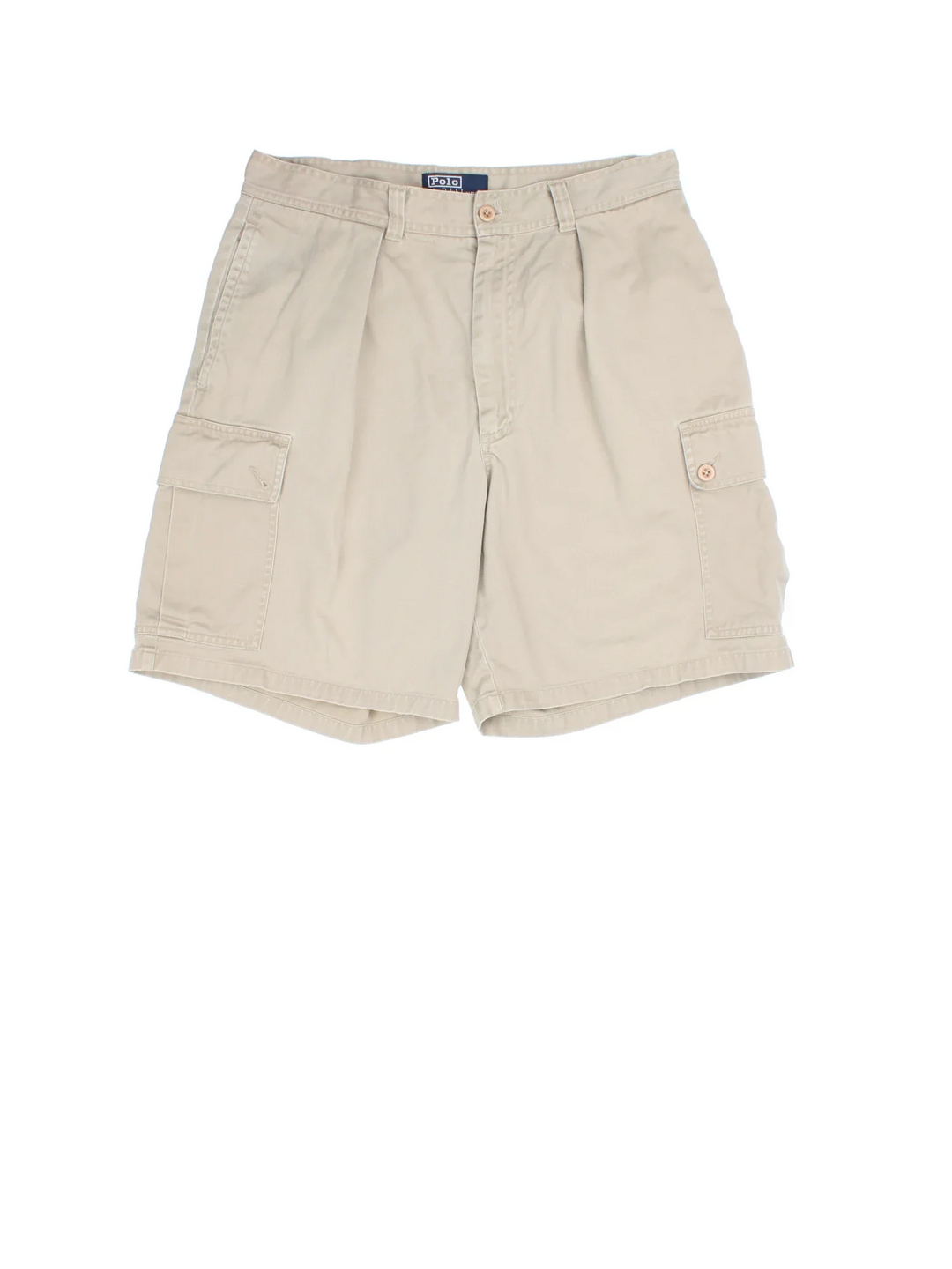 Ralph Lauren Pleated Cargo Shorts in tan colourway, multiple pockets and logo embroidered on back.