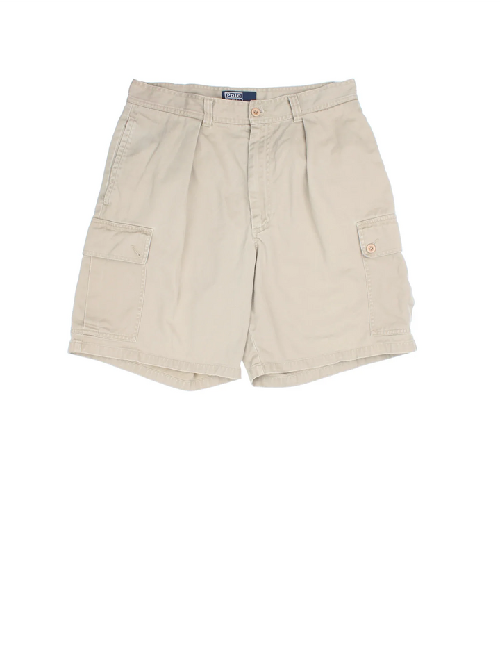 Ralph Lauren Pleated Cargo Shorts in tan colourway, multiple pockets and logo embroidered on back.