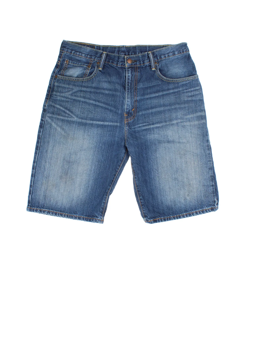 Vintage Levi Strauss Denim Shorts in blue colourway, multiple pockets and logo embroidered on back.