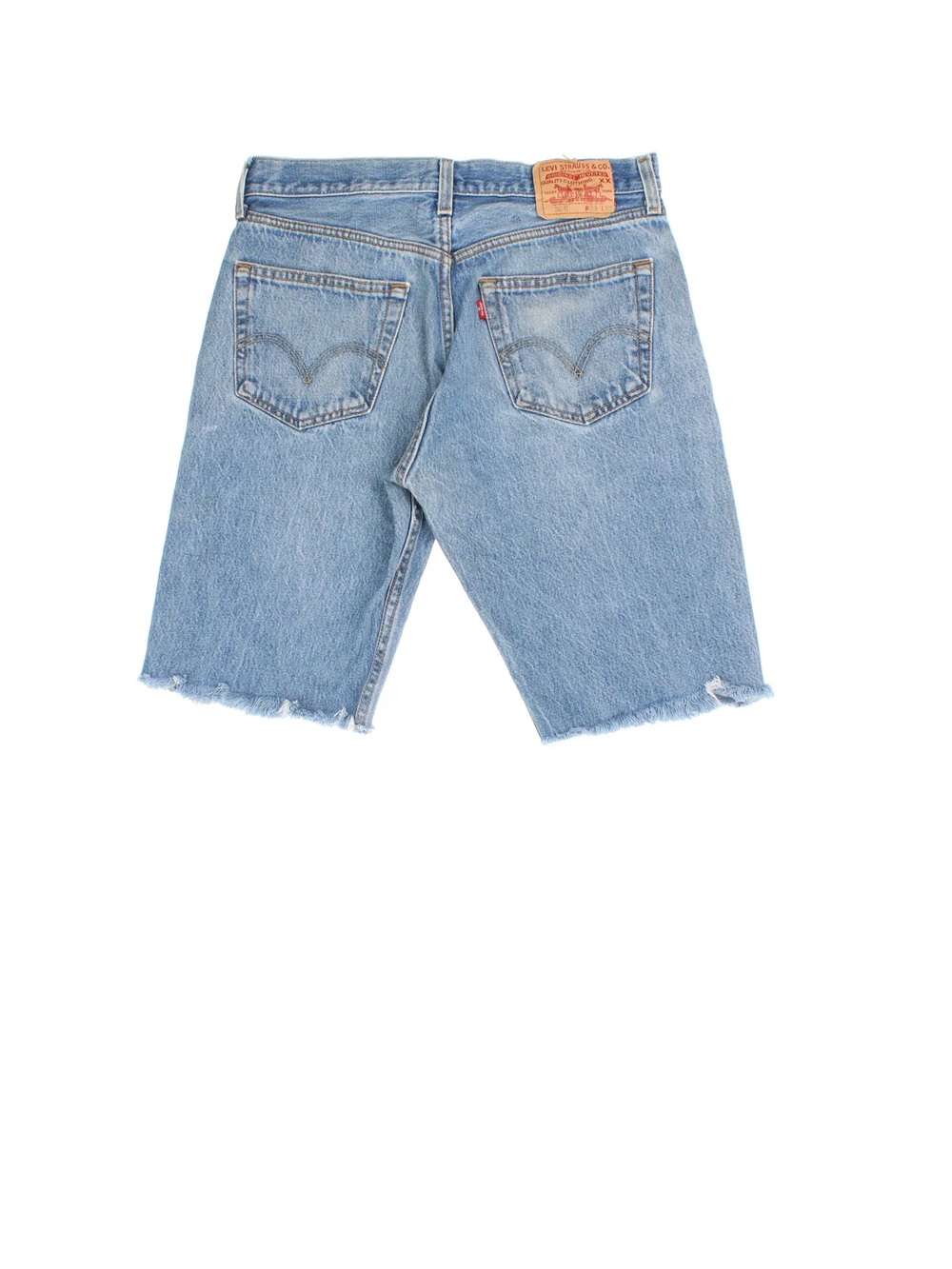 Vintage Levi Strauss Denim Shorts in blue colourway, multiple pockets and logo embroidered on back.
