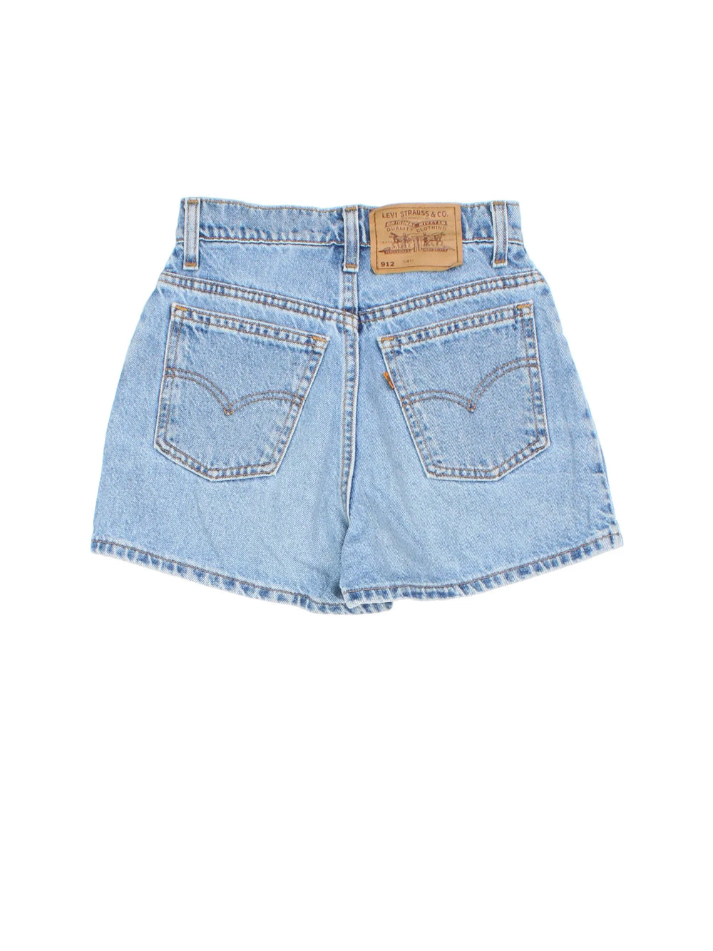 Vintage Levi Strauss Denim Shorts in blue colourway with multiple pockets and leather logo embroidered on the back.
