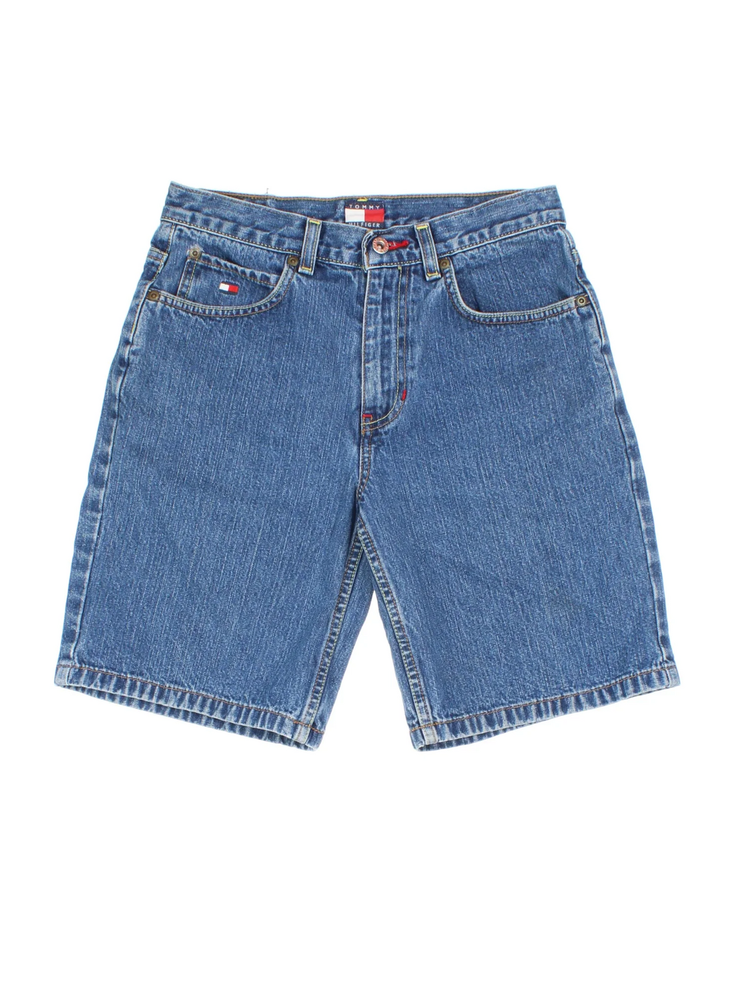 Vintage Tommy Hilfiger Jorts in blue colourway, with multiple pockets and logo embroidered on the back.