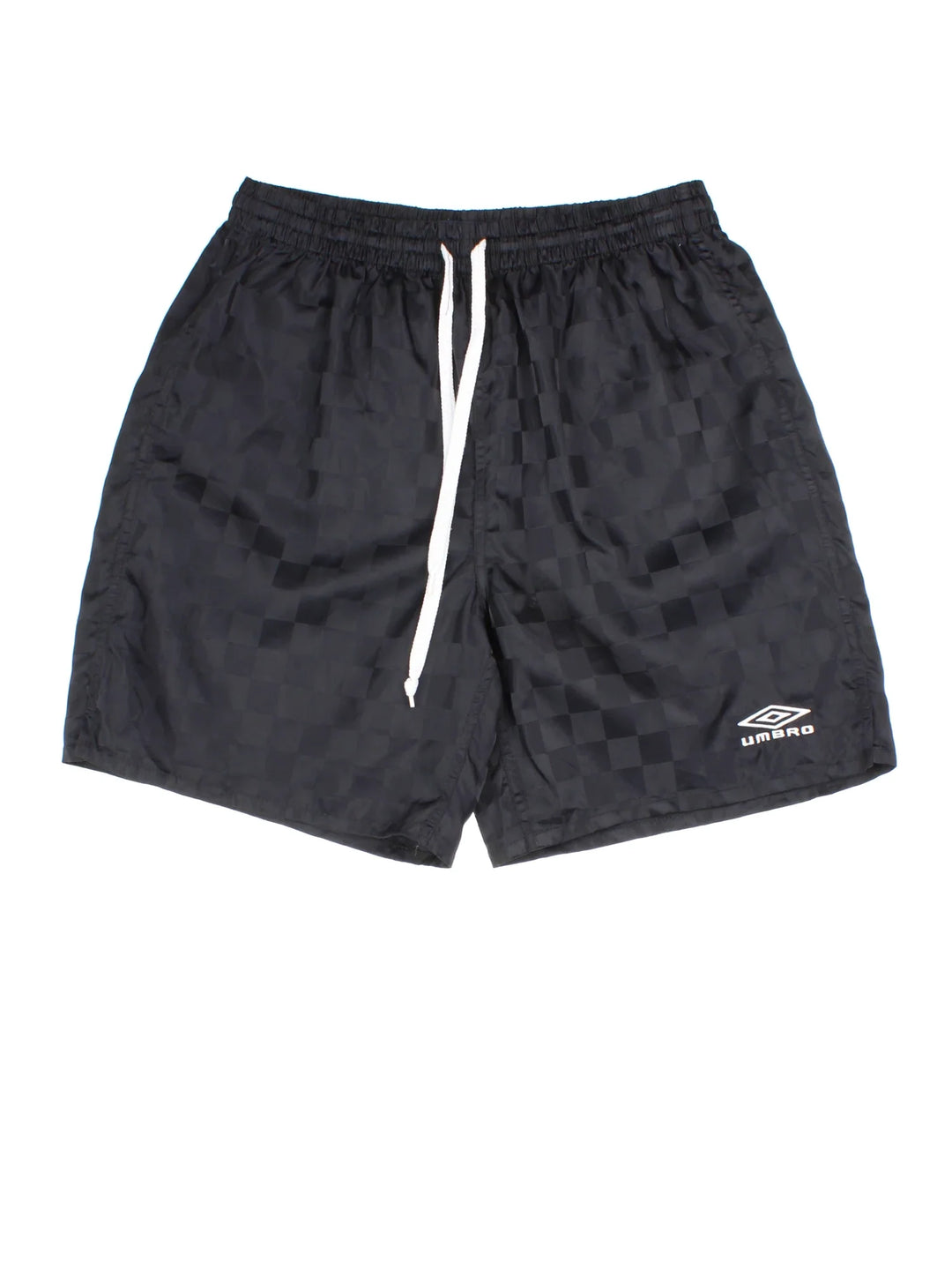 Vintage Umbro Sports Shorts in a black checked colourway, with drawstring waist and logo printed on the front.