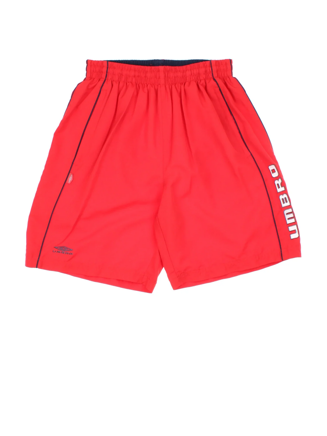 Vintage Umbro Shorts in red colourway with mesh lining, contrast black piping and the logo embroidered on the front and leg.