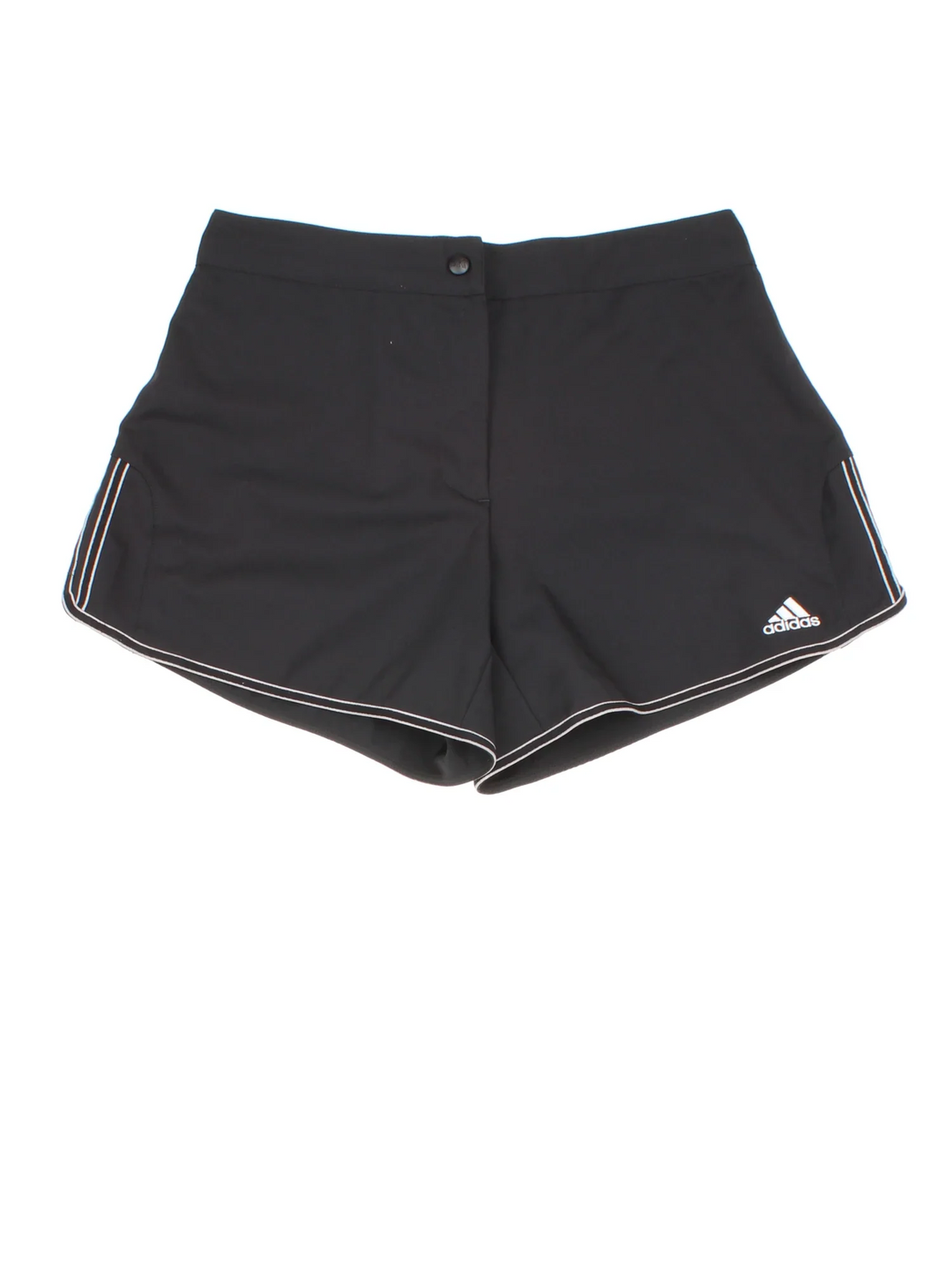 Vintage Adidas Sports Shorts in black colourway with grey piping, button fly waist and embroidered logo on front.