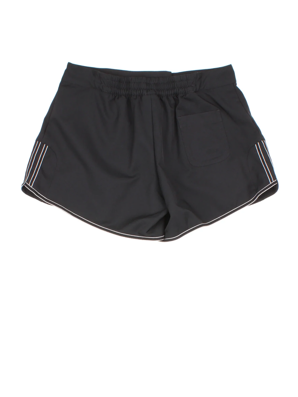 Vintage Adidas Sports Shorts in black colourway with grey piping, button fly waist and embroidered logo on front.