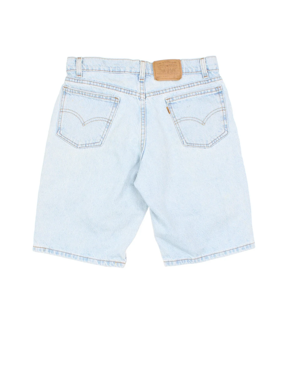 Vintage Levi Strauss Orange Tab Denim Shorts in blue colourway with multiple pockets and the logo embroidered on the back.