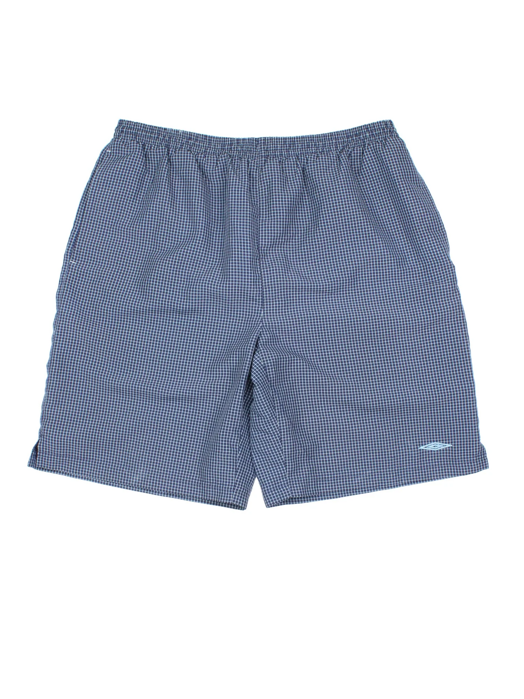 Vintage Umbro Sports Shorts in blue checked colourway with drawstring waist, side pockets and the logo embroidered on the front.