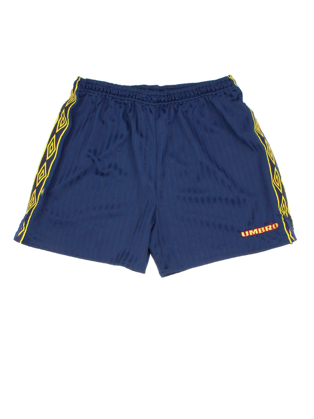 Vintage Umbro Shorts in blue colourway with drawstring waist, contrast side piping and logo embroidered on front/back.