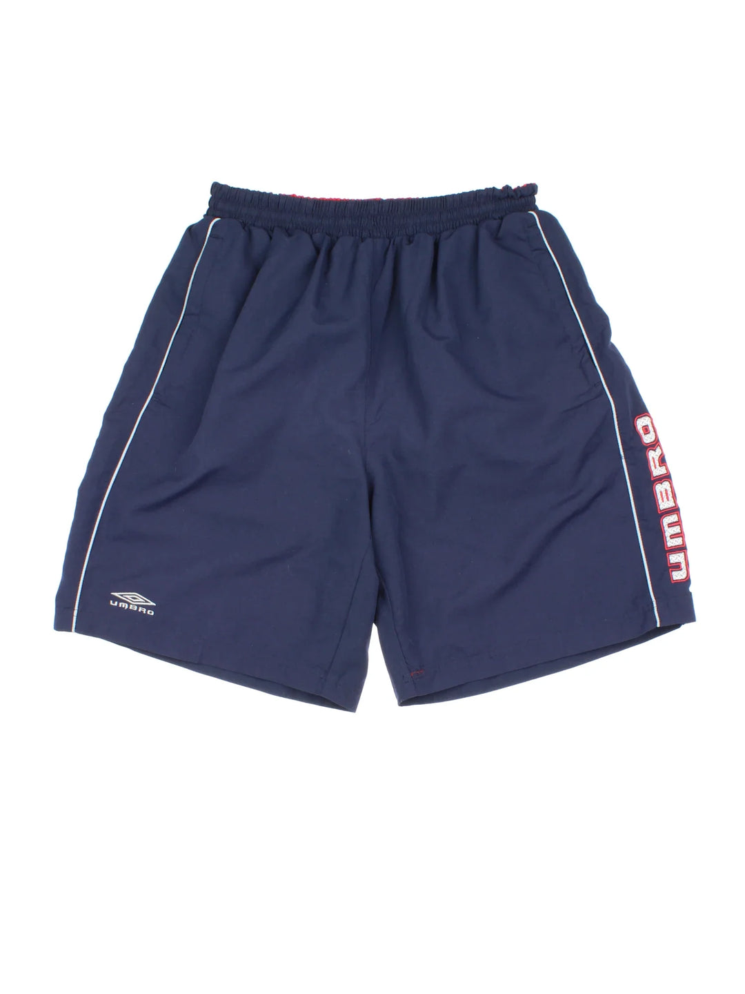 Vintage Umbro Swim Shorts in blue colourway with drawstring waist, contrast side branding and logo embroidered on front.