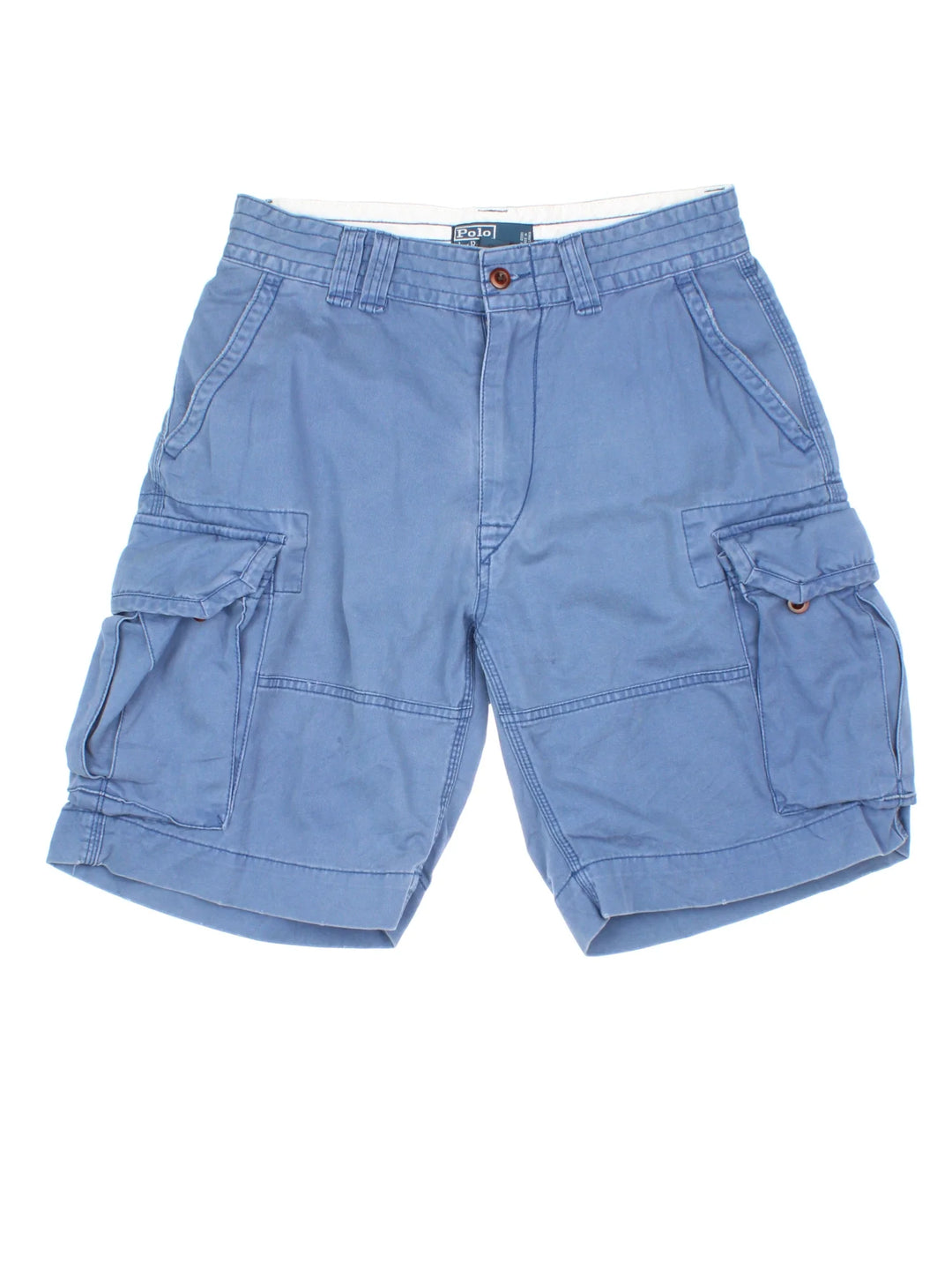 Vintage Ralph Lauren Shorts in blue colourway with multiple pockets and the logo embroidered on the back.