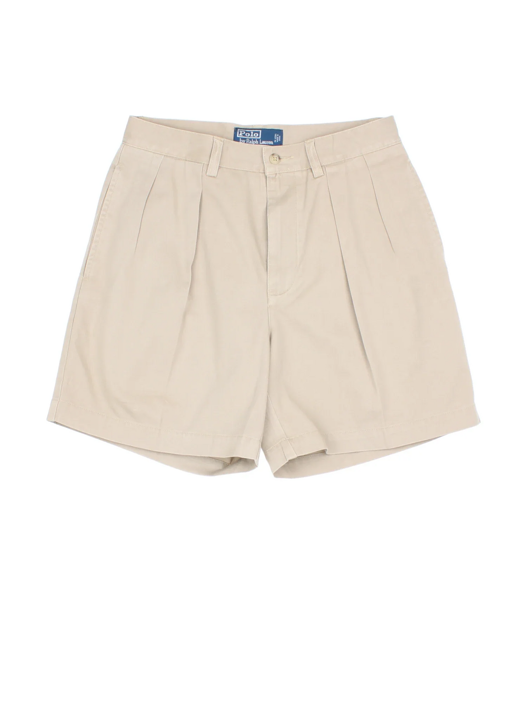 Vintage Ralph Lauren Pleated Shorts in tan colourway with multiple pockets, front pleates and the logo embroidered on the back.