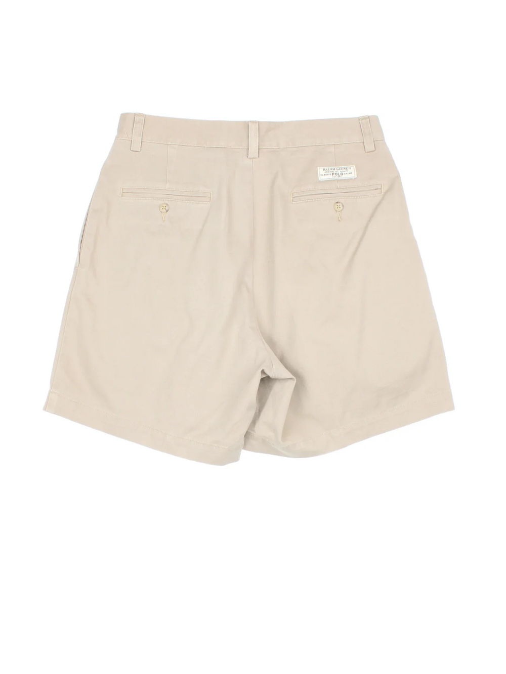 Vintage Ralph Lauren Pleated Shorts in tan colourway with multiple pockets, front pleates and the logo embroidered on the back.