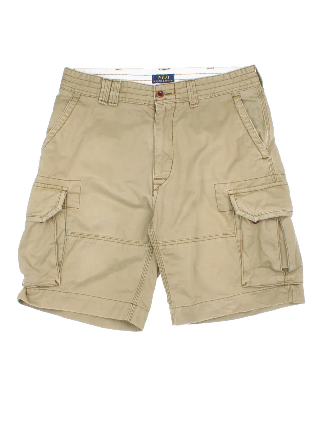 Vintage Ralph Lauren Cargo Shorts in tan colourway with multiple pockets and the logo embroidered on the back.