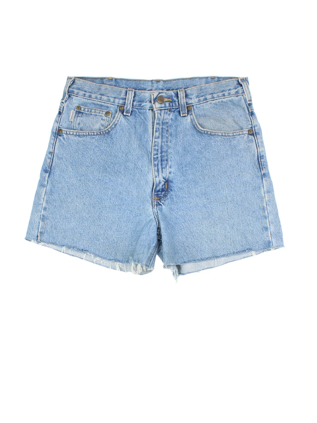Carhartt Denim Shorts in blue colourway with multiple pockets and the logo embroidered on the back.