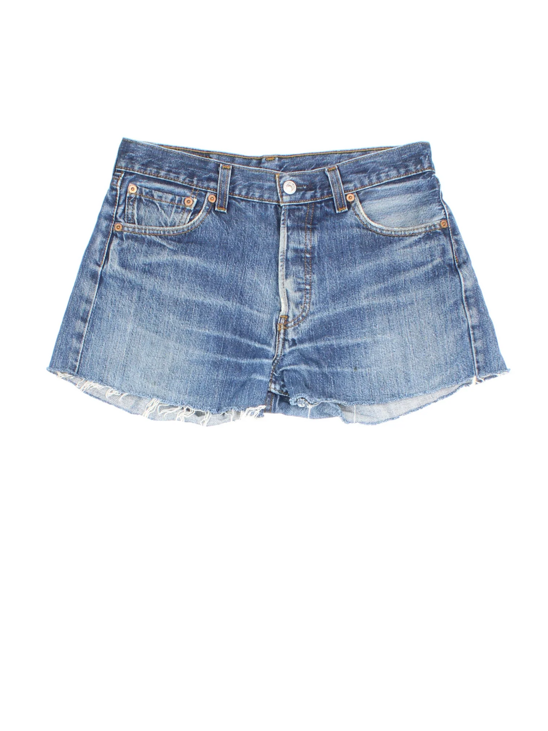 Levi Strauss Denim Shorts in blue colourway with multiple pockets and the logo embroidered on the back with frayed trim on the hem.