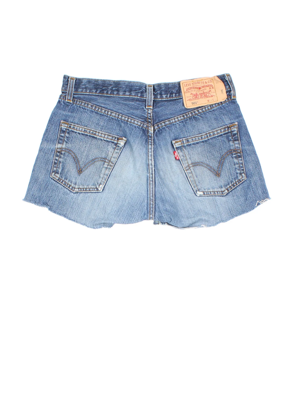 Levi Strauss Denim Shorts in blue colourway with multiple pockets and the logo embroidered on the back with frayed trim on the hem.