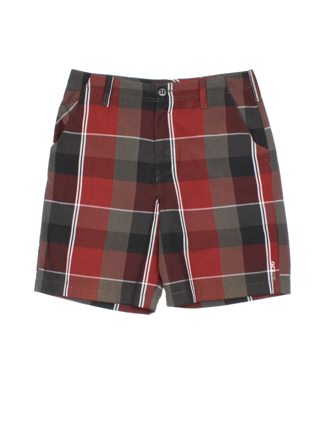Vintage Billabong Shorts in red/black checked colourway. Zip/button fastening with side pockets and logo embroidered on the front/back.