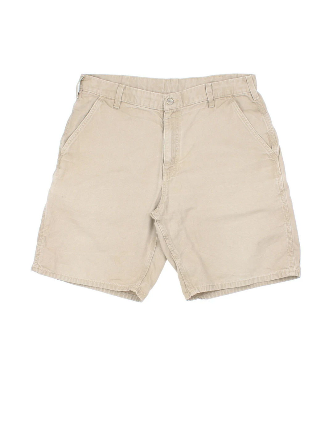 Vintage Carhartt Shorts in tan colourway. Zip/button fastening with side pockets and leather logo patch on pocket.