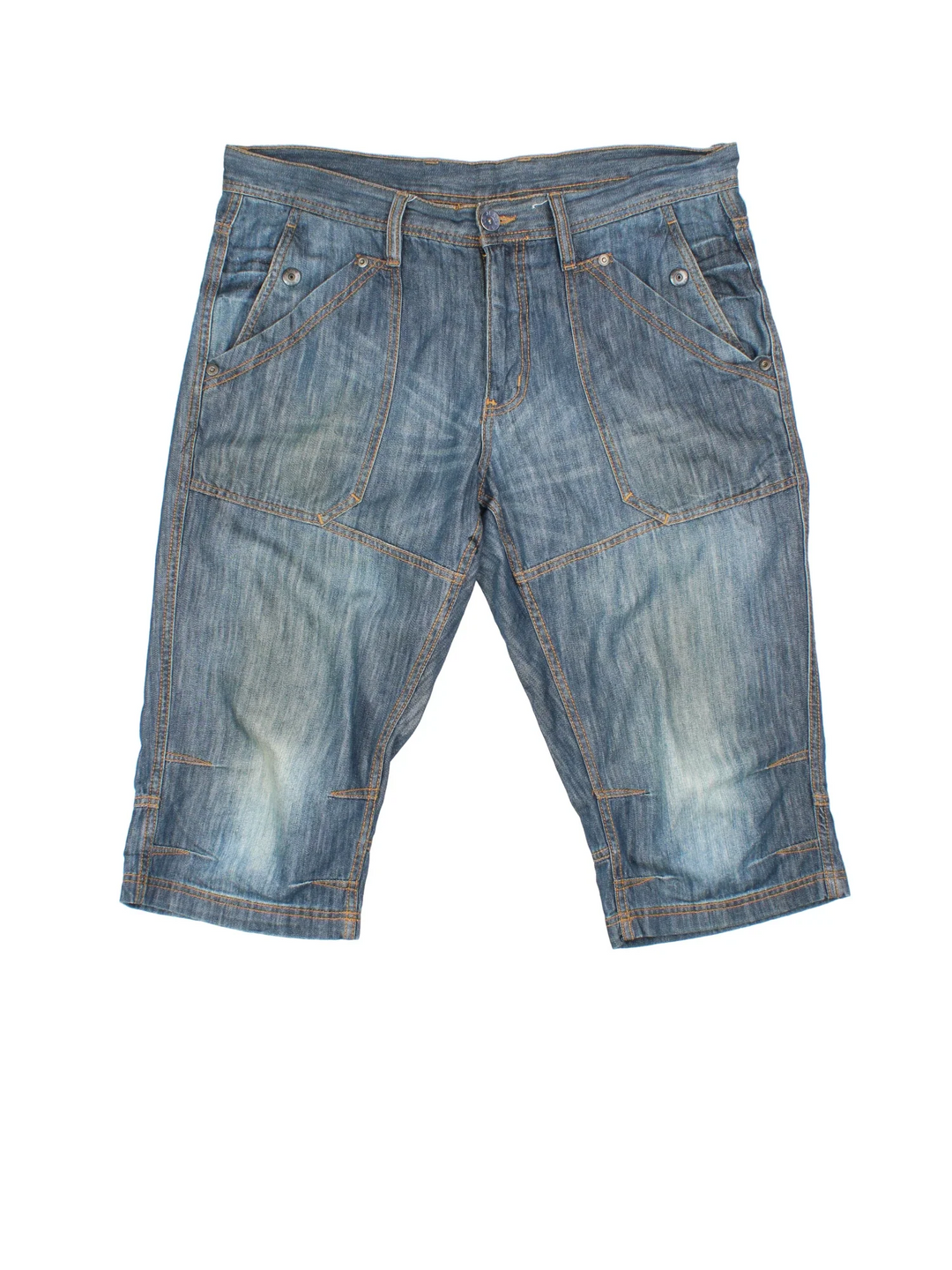 Vintage Y2K Denim Jorts in blue colourway. Zip fly fastening with multiple pockets and contrast stitching.