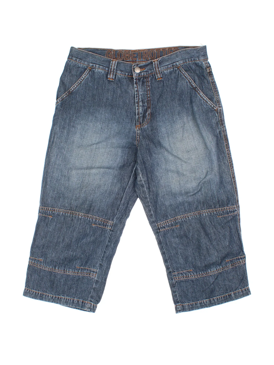 Vintage Y2K 3/4 Length Denim Shorts in blue colourway. Zip fly fastening with multiple pockets and contrast stitching.