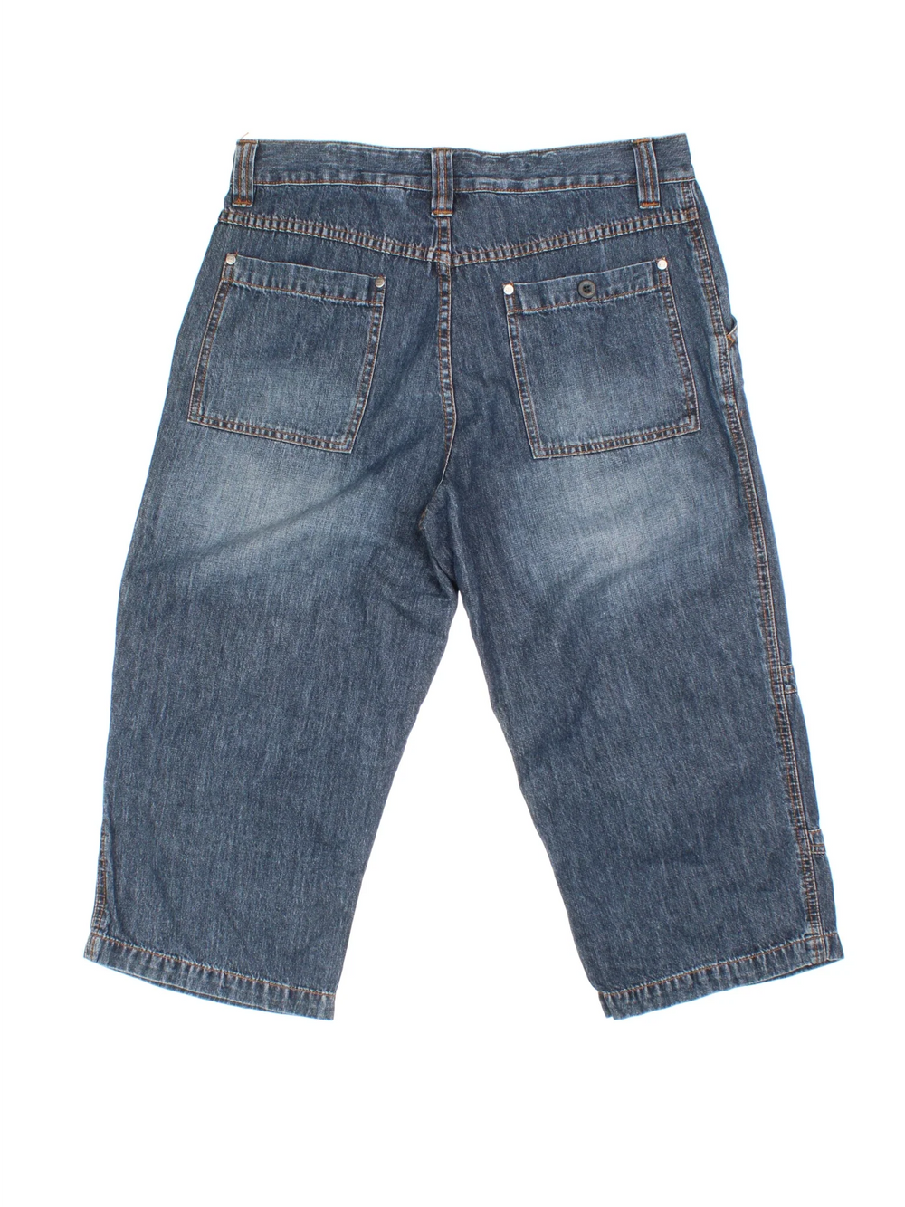 Vintage Y2K 3/4 Length Denim Shorts in blue colourway. Zip fly fastening with multiple pockets and contrast stitching.