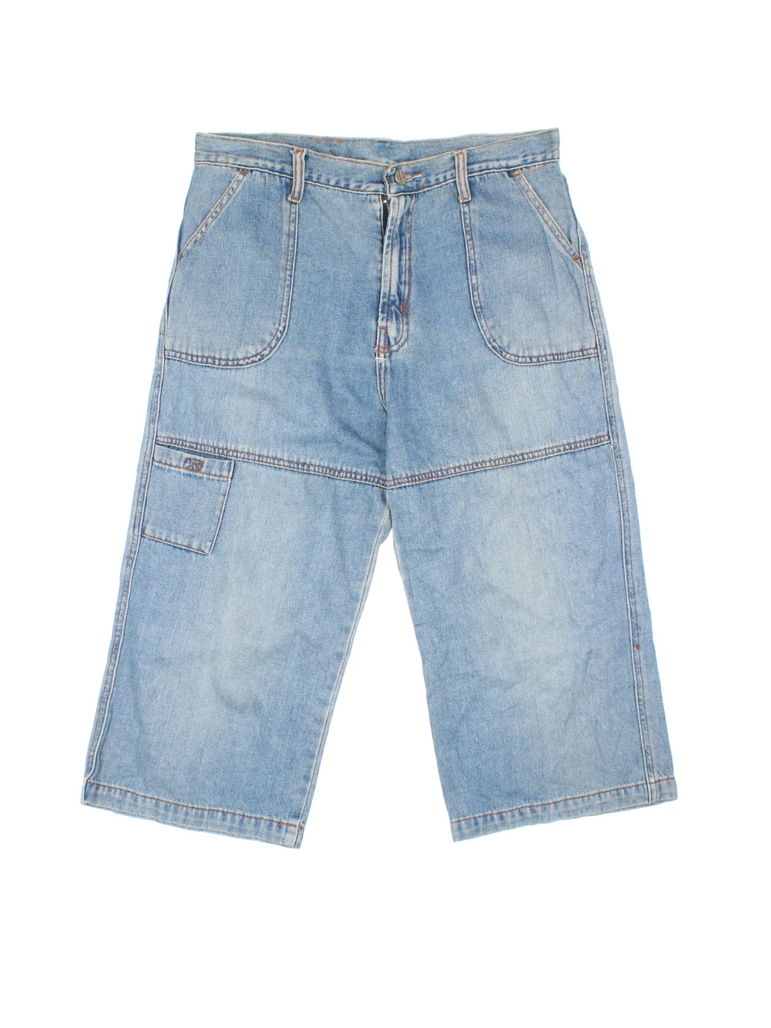 Vintage Y2K Denim Jorts in blue colourway. Zip fly fastening with multiple pockets, contrast stitching and branded tab on back.