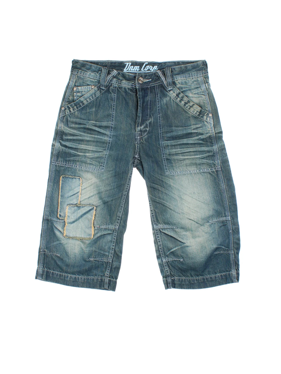 Vintage Y2K Denim Jorts in blue colourway. Zip fly fastening with multiple pockets and contrast stitching.