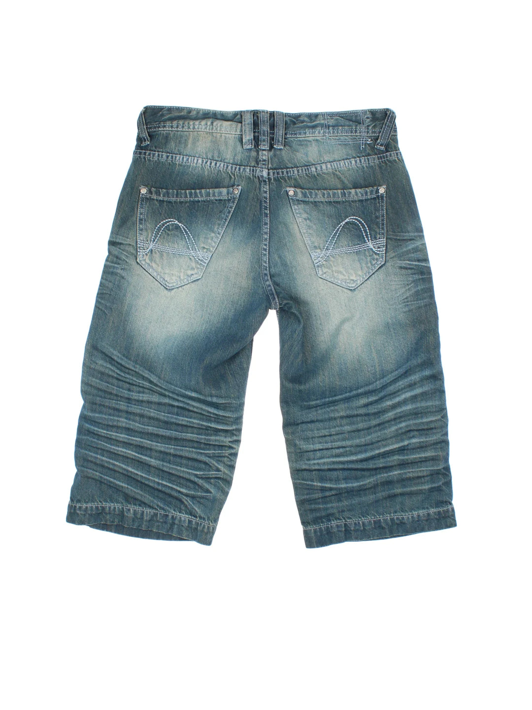 Vintage Y2K Denim Jorts in blue colourway. Zip fly fastening with multiple pockets and contrast stitching.