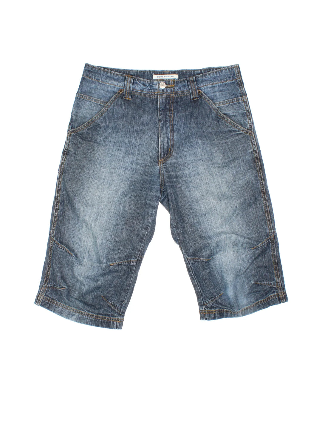 Vintage Y2K Denim Jorts in blue colourway. Zip fly fastening with multiple pockets and contrast stitching.