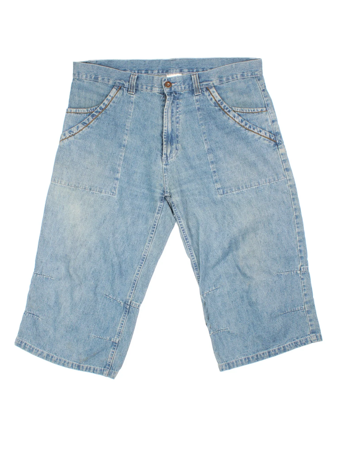 Vintage Y2K Denim Jorts in blue colourway. Zip fly fastening with multiple pockets and contrast stitching.