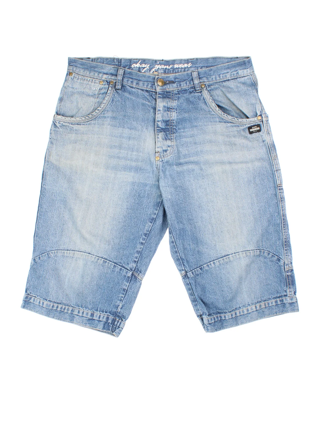 Vintage Y2K Denim Jorts in blue colourway. Zip fly fastening with multiple pockets, contrast stitching and branded tab on back.