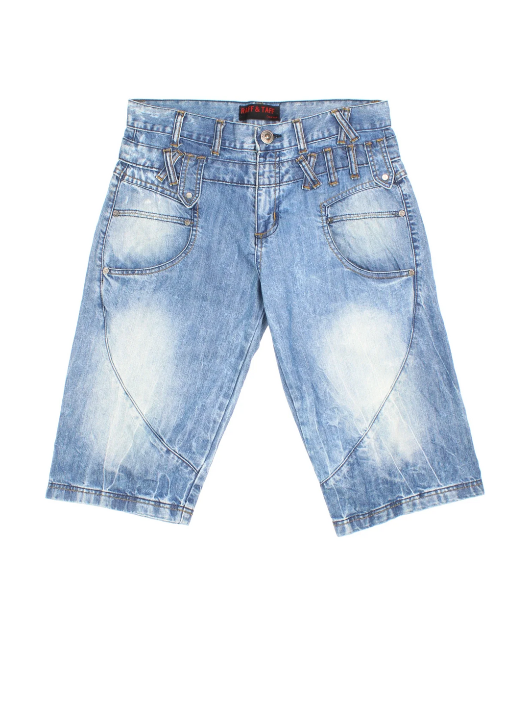 Vintage Y2K Denim Jorts in blue colourway. Zip fly fastening with multiple pockets, contrast stitching and embroidery on back.