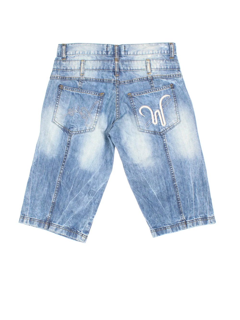 Vintage Y2K Denim Jorts in blue colourway. Zip fly fastening with multiple pockets, contrast stitching and embroidery on back.