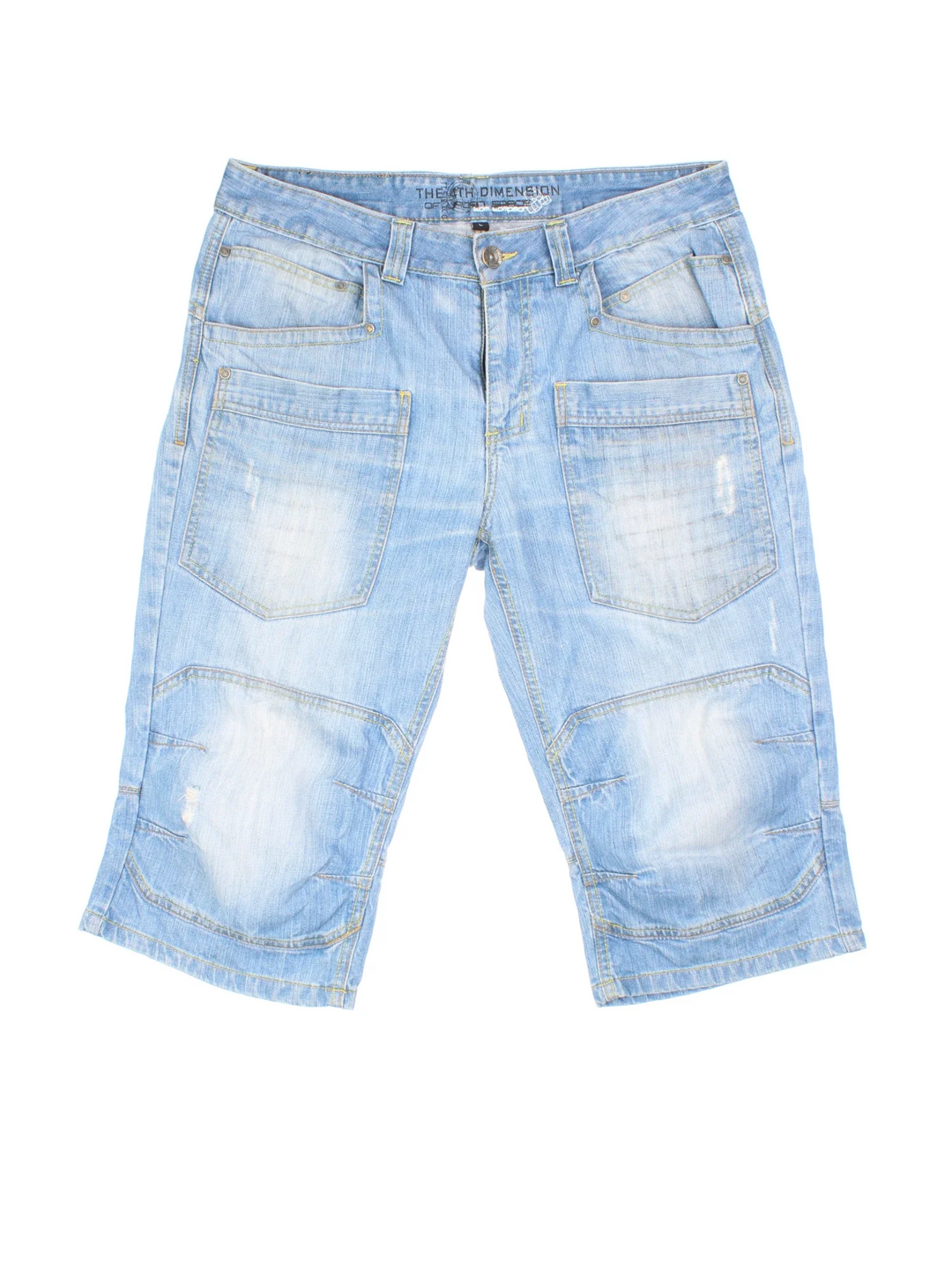 Vintage Y2K Denim Jorts in blue colourway. Zip fly fastening with multiple pockets, contrast stitching and branded tab on back.