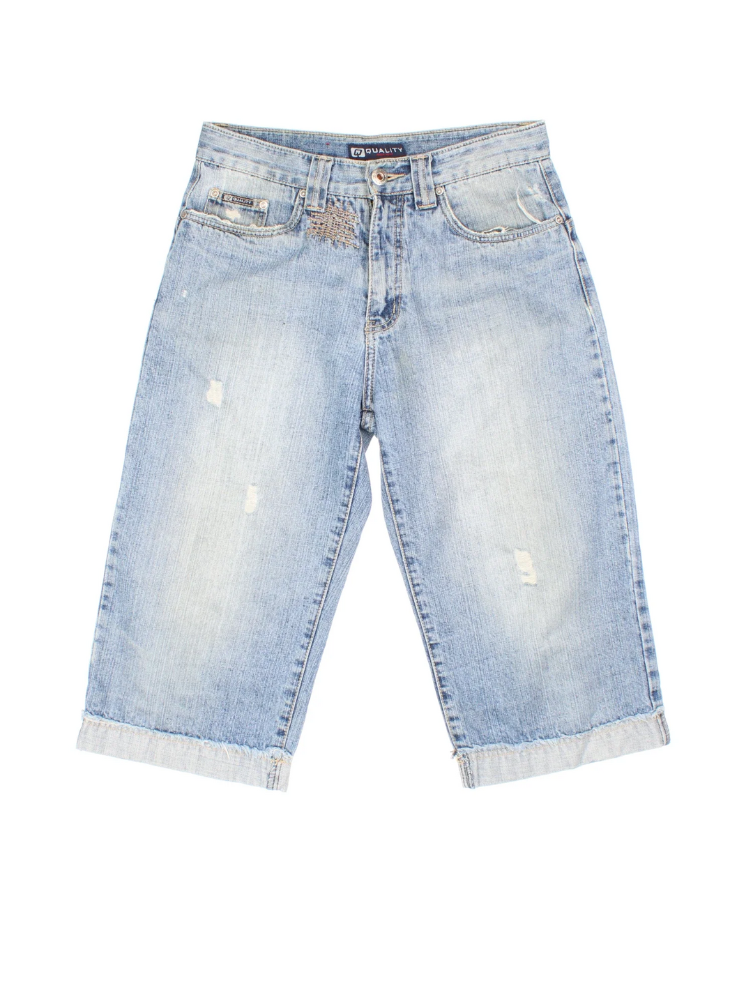 Vintage Y2K Denim Jorts in blue colourway. Zip fly fastening with multiple pockets, contrast stitching and branded tab on back.