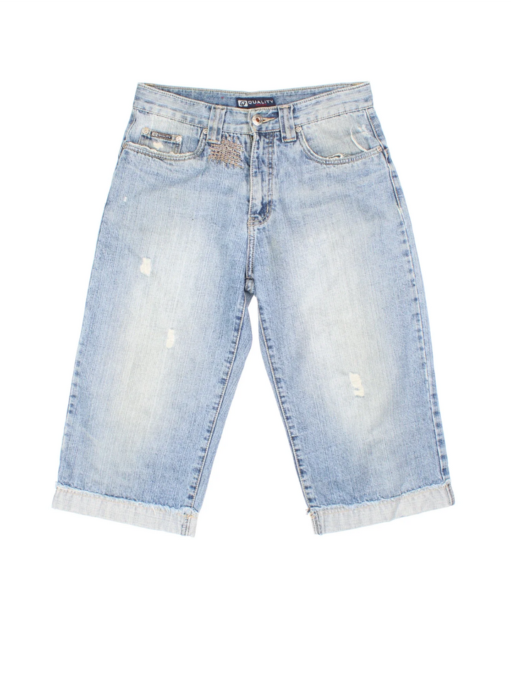 Vintage Y2K Denim Jorts in blue colourway. Zip fly fastening with multiple pockets, contrast stitching and branded tab on back.