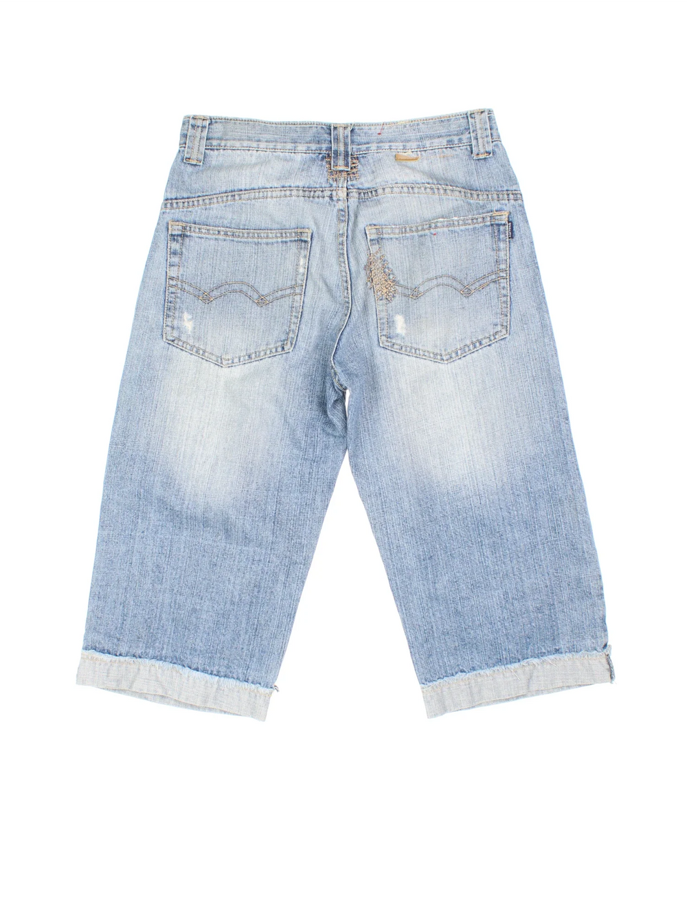 Vintage Y2K Denim Jorts in blue colourway. Zip fly fastening with multiple pockets, contrast stitching and branded tab on back.