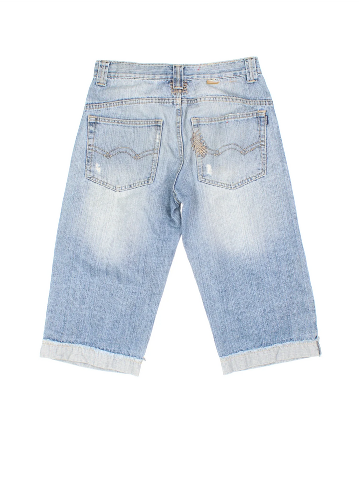 Vintage Y2K Denim Jorts in blue colourway. Zip fly fastening with multiple pockets, contrast stitching and branded tab on back.