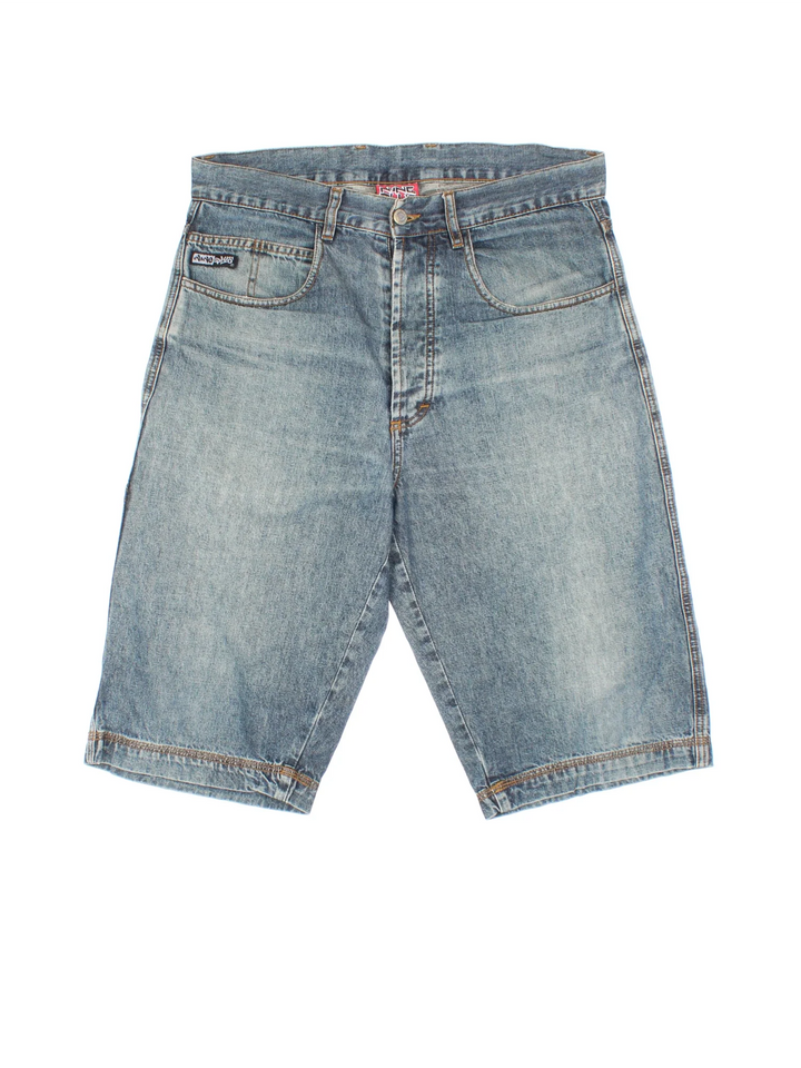 Vintage Nine Plus Denim Jorts in blue colourway. Zip fly fastening with multiple pockets, contrast stitching and branding on front/back.