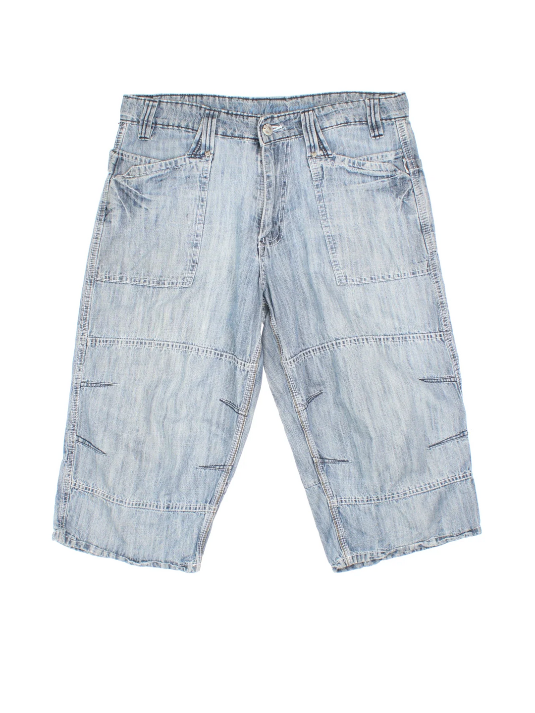 Vintage Y2K Denim Jorts in blue colourway. Zip fly fastening with multiple pockets, contrast stitching and branded tab on back.
