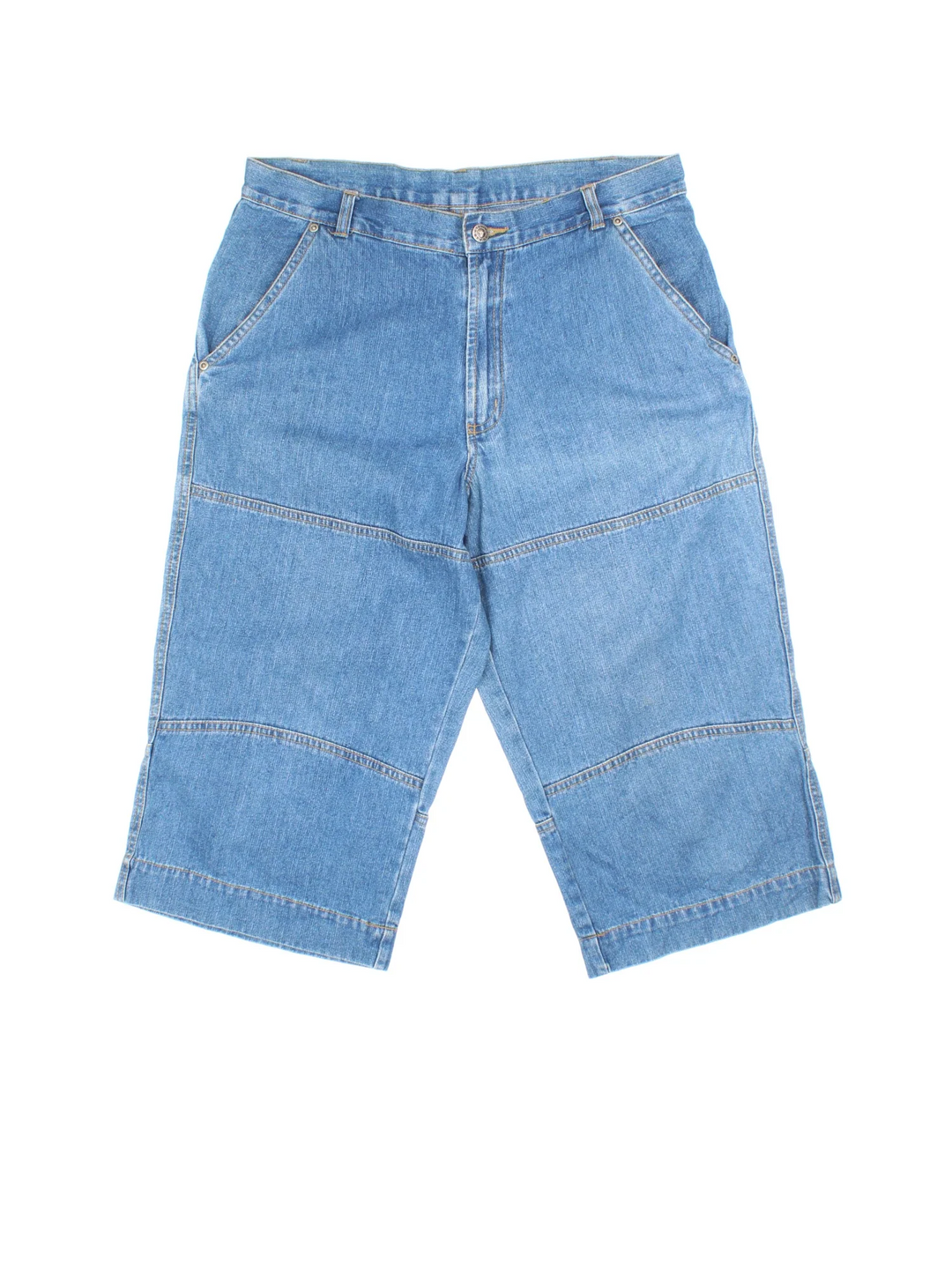 Vintage Y2K Denim Jorts in blue colourway. Zip fly fastening with multiple pockets and contrast stitching.